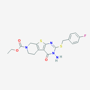 molecular formula C19H19FN4O3S2 B292561 ethyl 3-amino-2-[(4-fluorobenzyl)sulfanyl]-4-oxo-3,5,6,8-tetrahydropyrido[4',3':4,5]thieno[2,3-d]pyrimidine-7(4H)-carboxylate 