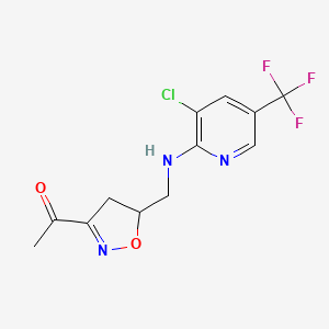 molecular formula C12H11ClF3N3O2 B2925633 1-[5-({[3-氯-5-(三氟甲基)-2-吡啶基]氨基}甲基)-4,5-二氢-3-异恶唑基]-1-乙酮 CAS No. 338422-57-4