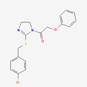 molecular formula C18H17BrN2O2S B2925635 1-[2-[(4-Bromophenyl)methylsulfanyl]-4,5-dihydroimidazol-1-yl]-2-phenoxyethanone CAS No. 851800-73-2