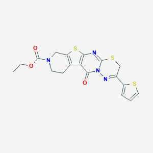 molecular formula C18H16N4O3S3 B292566 Ethyl 9-oxo-6-thiophen-2-yl-4,17-dithia-2,7,8,14-tetrazatetracyclo[8.7.0.03,8.011,16]heptadeca-1(10),2,6,11(16)-tetraene-14-carboxylate 