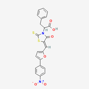 molecular formula C23H16N2O6S2 B2925732 (Z)-2-(5-((5-(4-nitrophenyl)furan-2-yl)methylene)-4-oxo-2-thioxothiazolidin-3-yl)-3-phenylpropanoic acid CAS No. 875286-74-1