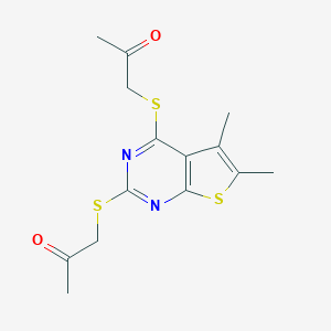 molecular formula C14H16N2O2S3 B292575 1-({5,6-Dimethyl-2-[(2-oxopropyl)sulfanyl]thieno[2,3-d]pyrimidin-4-yl}sulfanyl)acetone 