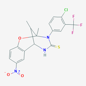 molecular formula C19H15ClF3N3O3S B2925756 3-(4-chloro-3-(trifluoromethyl)phenyl)-2,11-dimethyl-8-nitro-5,6-dihydro-2H-2,6-methanobenzo[g][1,3,5]oxadiazocine-4(3H)-thione CAS No. 1212408-90-6