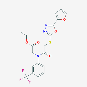molecular formula C19H16F3N3O5S B292576 Ethyl [({[5-(2-furyl)-1,3,4-oxadiazol-2-yl]sulfanyl}acetyl)-3-(trifluoromethyl)anilino]acetate 