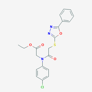 molecular formula C20H18ClN3O4S B292581 Ethyl (4-chloro{[(5-phenyl-1,3,4-oxadiazol-2-yl)sulfanyl]acetyl}anilino)acetate 