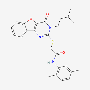 molecular formula C25H27N3O3S B2925888 N-(2,5-dimethylphenyl)-2-{[3-(3-methylbutyl)-4-oxo-3,4-dihydro[1]benzofuro[3,2-d]pyrimidin-2-yl]sulfanyl}acetamide CAS No. 899755-38-5