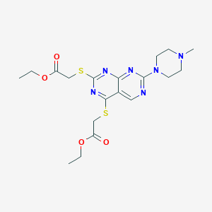 molecular formula C19H26N6O4S2 B292594 Ethyl {[2-[(2-ethoxy-2-oxoethyl)sulfanyl]-7-(4-methyl-1-piperazinyl)pyrimido[4,5-d]pyrimidin-4-yl]sulfanyl}acetate 