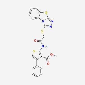 molecular formula C22H16N4O3S3 B2925942 Methyl 4-phenyl-2-(2-{7-thia-2,4,5-triazatricyclo[6.4.0.0^{2,6}]dodeca-1(8),3,5,9,11-pentaen-3-ylsulfanyl}acetamido)thiophene-3-carboxylate CAS No. 315679-02-8