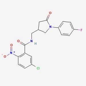 molecular formula C18H15ClFN3O4 B2925982 5-chloro-N-((1-(4-fluorophenyl)-5-oxopyrrolidin-3-yl)methyl)-2-nitrobenzamide CAS No. 955244-28-7