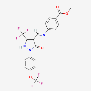 molecular formula C20H13F6N3O4 B2926027 methyl 4-({[5-oxo-1-[4-(trifluoromethoxy)phenyl]-3-(trifluoromethyl)-1,5-dihydro-4H-pyrazol-4-yliden]methyl}amino)benzenecarboxylate CAS No. 338403-26-2