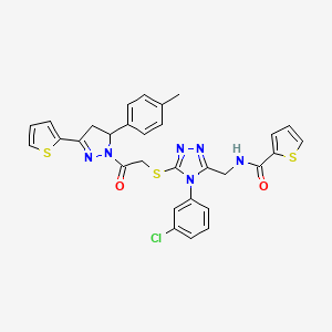 molecular formula C30H25ClN6O2S3 B2926038 N-((4-(3-氯苯基)-5-((2-氧代-2-(3-(噻吩-2-基)-5-(对甲苯基)-4,5-二氢-1H-吡唑-1-基)乙基)硫代)-4H-1,2,4-三唑-3-基)甲基)噻吩-2-甲酰胺 CAS No. 362507-63-9