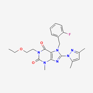 molecular formula C22H25FN6O3 B2926041 8-(3,5-二甲基-1H-吡唑-1-基)-1-(2-乙氧基乙基)-7-(2-氟苄基)-3-甲基-1H-嘌呤-2,6(3H,7H)-二酮 CAS No. 1013969-84-0