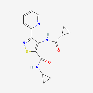 molecular formula C16H16N4O2S B2926171 N-环丙基-4-[(环丙基羰基)氨基]-3-吡啶-2-基异噻唑-5-甲酰胺 CAS No. 1251706-98-5