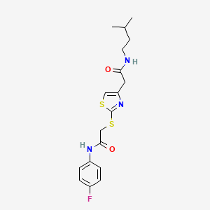 molecular formula C18H22FN3O2S2 B2926195 N-(4-氟苯基)-2-((4-(2-(异戊氨基)-2-氧代乙基)噻唑-2-基)硫代)乙酰胺 CAS No. 942000-90-0