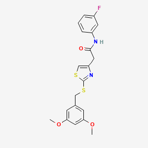 molecular formula C20H19FN2O3S2 B2926206 2-(2-((3,5-二甲氧基苄基)硫代)噻唑-4-基)-N-(3-氟苯基)乙酰胺 CAS No. 942001-77-6