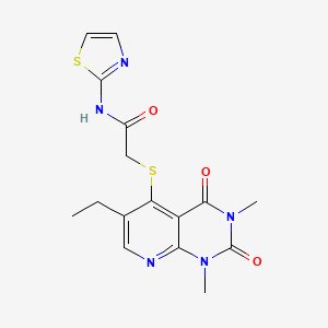 molecular formula C16H17N5O3S2 B2926234 2-((6-乙基-1,3-二甲基-2,4-二氧代-1,2,3,4-四氢吡啶并[2,3-d]嘧啶-5-基)硫代)-N-(噻唑-2-基)乙酰胺 CAS No. 941877-22-1