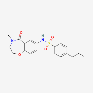 molecular formula C19H22N2O4S B2926249 N-(4-甲基-5-氧代-2,3,4,5-四氢苯并[f][1,4]恶唑并[7]基)-4-丙基苯磺酰胺 CAS No. 922112-02-5