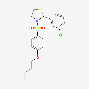 molecular formula C19H22ClNO3S2 B2926266 3-(4-Butoxyphenyl)sulfonyl-2-(3-chlorophenyl)-1,3-thiazolidine CAS No. 681227-28-1