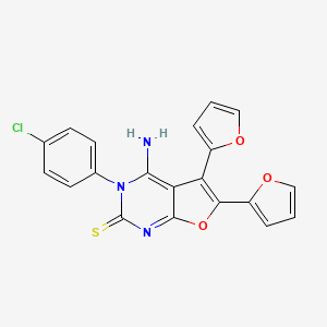 molecular formula C20H12ClN3O3S B2926272 3-(4-chlorophenyl)-5,6-di(2-furyl)-4-imino-3,4-dihydrofuro[2,3-d]pyrimidine-2(1H)-thione CAS No. 685106-51-8