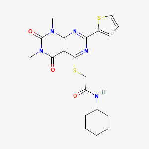 molecular formula C20H23N5O3S2 B2926281 N-cyclohexyl-2-((6,8-dimethyl-5,7-dioxo-2-(thiophen-2-yl)-5,6,7,8-tetrahydropyrimido[4,5-d]pyrimidin-4-yl)thio)acetamide CAS No. 847191-93-9