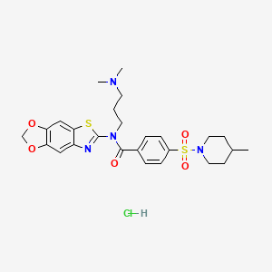 molecular formula C26H33ClN4O5S2 B2926309 N-([1,3]二氧杂[4',5':4,5]苯并[1,2-d]噻唑-6-基)-N-(3-(二甲氨基)丙基)-4-((4-甲基哌啶-1-基)磺酰基)苯甲酰胺盐酸盐 CAS No. 1321779-27-4