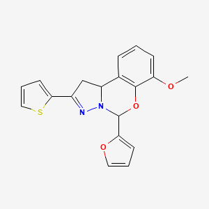 molecular formula C19H16N2O3S B2926312 5-(furan-2-yl)-7-methoxy-2-(thiophen-2-yl)-5,10b-dihydro-1H-benzo[e]pyrazolo[1,5-c][1,3]oxazine CAS No. 942002-22-4
