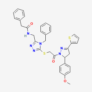 molecular formula C34H32N6O3S2 B2926322 N-((4-benzyl-5-((2-(5-(4-methoxyphenyl)-3-(thiophen-2-yl)-4,5-dihydro-1H-pyrazol-1-yl)-2-oxoethyl)thio)-4H-1,2,4-triazol-3-yl)methyl)-2-phenylacetamide CAS No. 361149-19-1