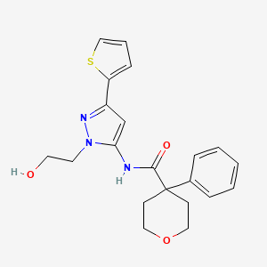 N-(1-(2-hydroxyethyl)-3-(thiophen-2-yl)-1H-pyrazol-5-yl)-4-phenyltetrahydro-2H-pyran-4-carboxamide