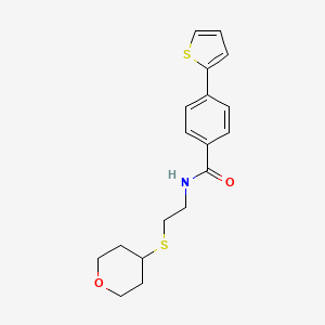 molecular formula C18H21NO2S2 B2926342 N-(2-((tetrahydro-2H-pyran-4-yl)thio)ethyl)-4-(thiophen-2-yl)benzamide CAS No. 2034424-54-7