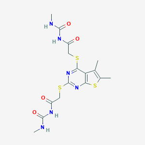 molecular formula C16H20N6O4S3 B292637 N-[({5,6-dimethyl-2-[(2-{[(methylamino)carbonyl]amino}-2-oxoethyl)sulfanyl]thieno[2,3-d]pyrimidin-4-yl}sulfanyl)acetyl]-N'-methylurea 
