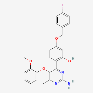 molecular formula C25H22FN3O4 B2926387 2-(2-Amino-5-(2-methoxyphenoxy)-6-methylpyrimidin-4-yl)-5-((4-fluorobenzyl)oxy)phenol CAS No. 877796-43-5