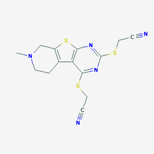 molecular formula C14H13N5S3 B292643 2-[[5-(Cyanomethylsulfanyl)-11-methyl-8-thia-4,6,11-triazatricyclo[7.4.0.02,7]trideca-1(9),2(7),3,5-tetraen-3-yl]sulfanyl]acetonitrile 
