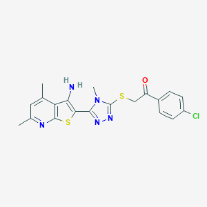 molecular formula C20H18ClN5OS2 B292651 2-{[5-(3-amino-4,6-dimethylthieno[2,3-b]pyridin-2-yl)-4-methyl-4H-1,2,4-triazol-3-yl]sulfanyl}-1-(4-chlorophenyl)ethanone 