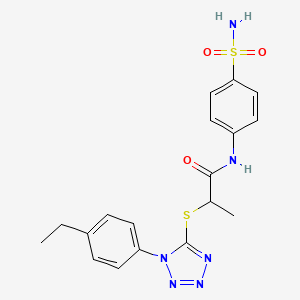 molecular formula C18H20N6O3S2 B2926515 2-((1-(4-ethylphenyl)-1H-tetrazol-5-yl)thio)-N-(4-sulfamoylphenyl)propanamide CAS No. 887347-59-3