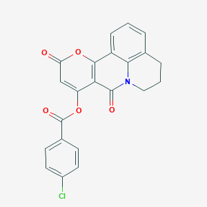 molecular formula C22H14ClNO5 B292653 8,11-dioxo-5,6-dihydro-4H,8H,11H-pyrano[3,2-c]pyrido[3,2,1-ij]quinolin-9-yl 4-chlorobenzoate 