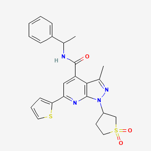 molecular formula C24H24N4O3S2 B2926623 1-(1,1-dioxidotetrahydrothiophen-3-yl)-3-methyl-N-(1-phenylethyl)-6-(thiophen-2-yl)-1H-pyrazolo[3,4-b]pyridine-4-carboxamide CAS No. 1021075-17-1