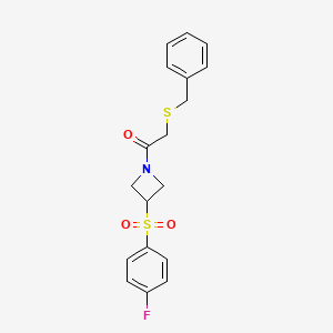 molecular formula C18H18FNO3S2 B2926671 2-(Benzylthio)-1-(3-((4-fluorophenyl)sulfonyl)azetidin-1-yl)ethanone CAS No. 1798034-06-6