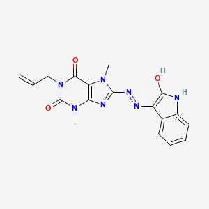 molecular formula C18H17N7O3 B2926685 (E)-1-allyl-3,7-dimethyl-8-(2-(2-oxoindolin-3-ylidene)hydrazinyl)-1H-purine-2,6(3H,7H)-dione CAS No. 887200-84-2