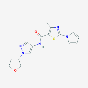 molecular formula C16H17N5O2S B2926686 4-methyl-2-(1H-pyrrol-1-yl)-N-(1-(tetrahydrofuran-3-yl)-1H-pyrazol-4-yl)thiazole-5-carboxamide CAS No. 1797872-57-1