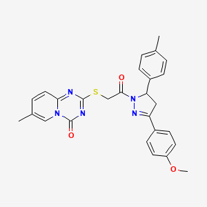 molecular formula C27H25N5O3S B2926825 2-((2-(3-(4-methoxyphenyl)-5-(p-tolyl)-4,5-dihydro-1H-pyrazol-1-yl)-2-oxoethyl)thio)-7-methyl-4H-pyrido[1,2-a][1,3,5]triazin-4-one CAS No. 896322-35-3