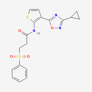 molecular formula C18H17N3O4S2 B2926870 N-(3-(3-cyclopropyl-1,2,4-oxadiazol-5-yl)thiophen-2-yl)-3-(phenylsulfonyl)propanamide CAS No. 1788560-84-8