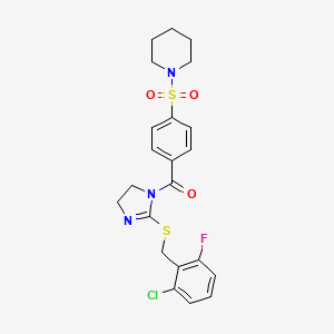 molecular formula C22H23ClFN3O3S2 B2926937 (2-((2-chloro-6-fluorobenzyl)thio)-4,5-dihydro-1H-imidazol-1-yl)(4-(piperidin-1-ylsulfonyl)phenyl)methanone CAS No. 851803-04-8