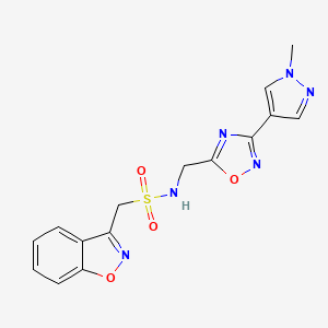molecular formula C15H14N6O4S B2926964 1-(benzo[d]isoxazol-3-yl)-N-((3-(1-methyl-1H-pyrazol-4-yl)-1,2,4-oxadiazol-5-yl)methyl)methanesulfonamide CAS No. 2034534-68-2