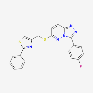 molecular formula C21H14FN5S2 B2926995 4-(((3-(4-Fluorophenyl)-[1,2,4]triazolo[4,3-b]pyridazin-6-yl)thio)methyl)-2-phenylthiazole CAS No. 1207057-61-1