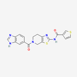 molecular formula C19H15N5O2S2 B2927050 N-(5-(1H-benzo[d]imidazole-5-carbonyl)-4,5,6,7-tetrahydrothiazolo[5,4-c]pyridin-2-yl)thiophene-3-carboxamide CAS No. 1798016-31-5