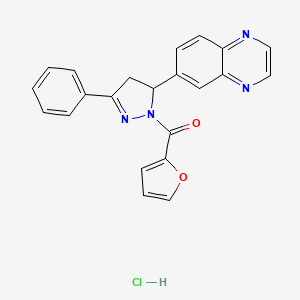 molecular formula C22H17ClN4O2 B2927060 furan-2-yl(3-phenyl-5-(quinoxalin-6-yl)-4,5-dihydro-1H-pyrazol-1-yl)methanone hydrochloride CAS No. 1216892-42-0