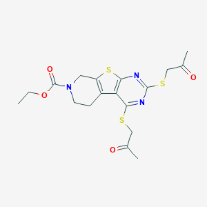 molecular formula C18H21N3O4S3 B292708 Ethyl 3,5-bis(2-oxopropylsulfanyl)-8-thia-4,6,11-triazatricyclo[7.4.0.02,7]trideca-1(9),2(7),3,5-tetraene-11-carboxylate 