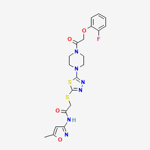molecular formula C20H21FN6O4S2 B2927108 2-((5-(4-(2-(2-氟苯氧基)乙酰)哌嗪-1-基)-1,3,4-噻二唑-2-基)硫代)-N-(5-甲基异恶唑-3-基)乙酰胺 CAS No. 1172255-64-9