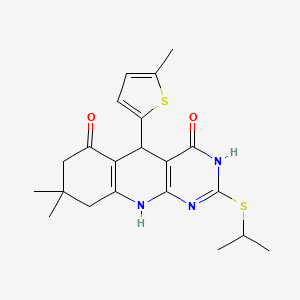 molecular formula C21H25N3O2S2 B2927176 2-(isopropylthio)-8,8-dimethyl-5-(5-methylthiophen-2-yl)-7,8,9,10-tetrahydropyrimido[4,5-b]quinoline-4,6(3H,5H)-dione CAS No. 627048-70-8