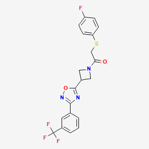 molecular formula C20H15F4N3O2S B2927216 2-((4-Fluorophenyl)thio)-1-(3-(3-(3-(trifluoromethyl)phenyl)-1,2,4-oxadiazol-5-yl)azetidin-1-yl)ethanone CAS No. 1396767-01-3